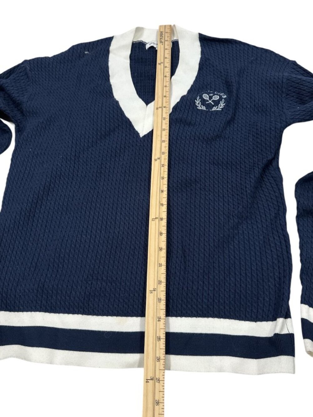 WeWoreWhat Tennis Club Knit Sweater Navy/White XS/S Long Sleeve Pullover V-Neck - Picture 8 of 9